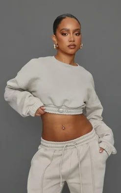 Petite Moss Grey Crop Elasticated Sweat Top