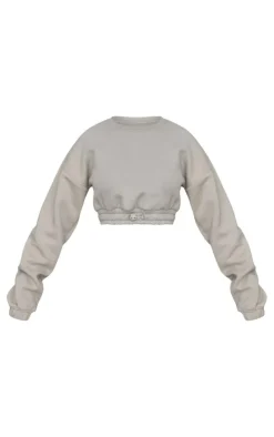 Petite Moss Grey Crop Elasticated Sweat Top