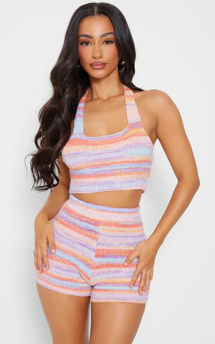 Petite Multi Colored Fluffy Knit Halterneck Crop Top