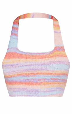 Petite Multi Colored Fluffy Knit Halterneck Crop Top