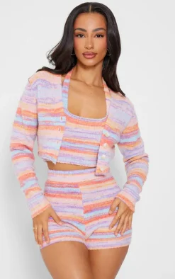 Petite Multi Colored Fluffy Knit Crop Cardigan