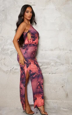 Petite Multi Printed Slinky One Shoulder Ruched Cut Out Maxi Dress