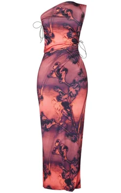 Petite Multi Printed Slinky One Shoulder Ruched Cut Out Maxi Dress