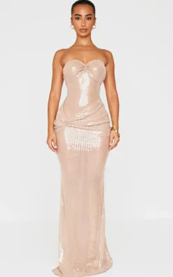Petite Nude Bandeau Drape Detail Sheer Sequin Maxi Dress