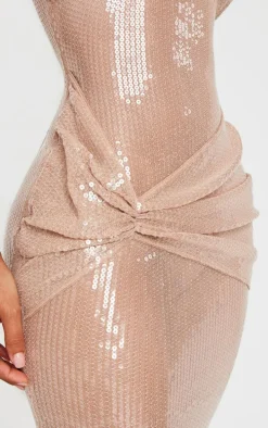 Petite Nude Bandeau Drape Detail Sheer Sequin Maxi Dress