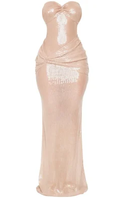 Petite Nude Bandeau Drape Detail Sheer Sequin Maxi Dress