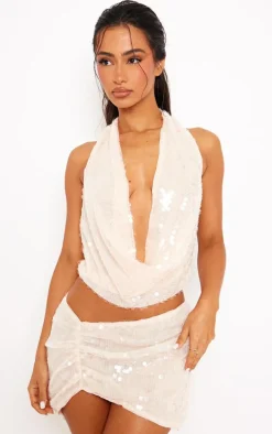 Petite Nude Pink Sequin Mini Skirt