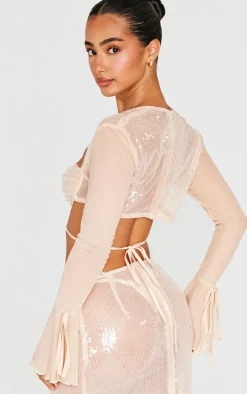 Petite Nude Sequin Cup Deatil Crop Top With Mesh Sleeves