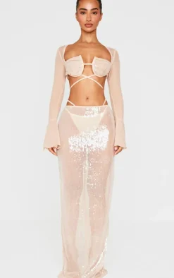 Petite Nude Sequin Low Waist Maxi Skirt
