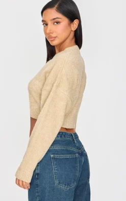 Petite Oatmeal Knitted Button Up Cardigan