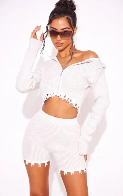 Petite Off White Distressed Knitted Shorts