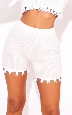 Petite Off White Distressed Knitted Shorts