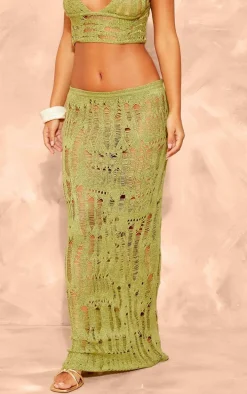 Petite Olive Open Knit Maxi Skirt