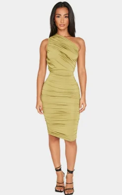 Petite Olive Slinky Ruched One Shoulder Longline Midi Dress