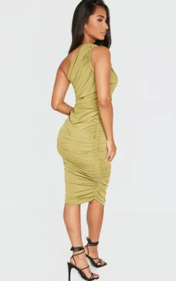 Petite Olive Slinky Ruched One Shoulder Longline Midi Dress