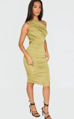 Petite Olive Slinky Ruched One Shoulder Longline Midi Dress