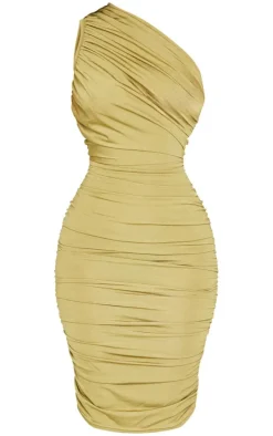 Petite Olive Slinky Ruched One Shoulder Longline Midi Dress