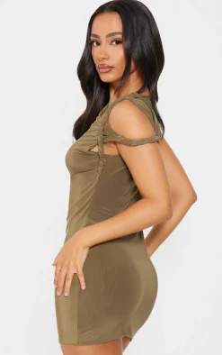 Petite Olive Slinky Twist Shoulder Bodycon Dress