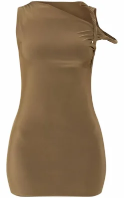 Petite Olive Slinky Twist Shoulder Bodycon Dress