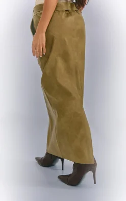 Petite Olive Washed Faux Leather Belted Midi Skirt
