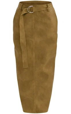 Petite Olive Washed Faux Leather Belted Midi Skirt