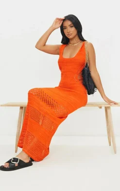 Petite Orange Crochet Plunged Maxi Dress