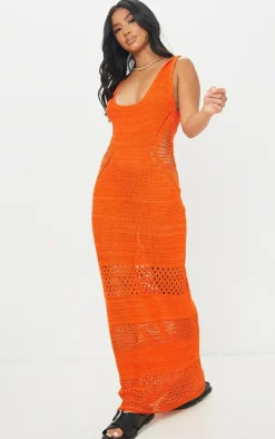 Petite Orange Crochet Plunged Maxi Dress
