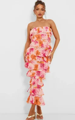 Petite Orange Crushed Mesh Bandeau Ruffle Maxi Dress