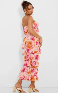 Petite Orange Crushed Mesh Bandeau Ruffle Maxi Dress