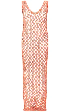 Petite Orange Fishnet Knitted Maxi Dress
