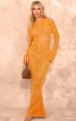 Petite Orange Knitted Open Back Long Sleeve Maxi Dress