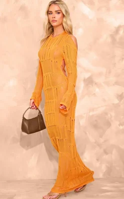 Petite Orange Knitted Open Back Long Sleeve Maxi Dress