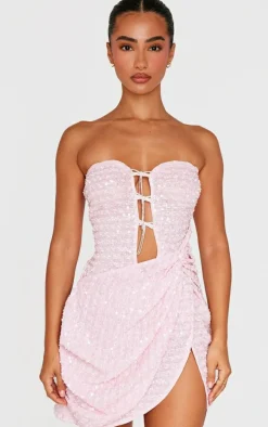 Petite Pink Bow Embellished Bandeau Sequin Mini Dress