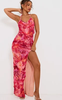 Petite Pink Crushed Mesh Halterneck Ruffle Maxi Dress