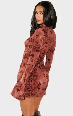 Petite Pink Devore Long Sleeve High Neck Shift Mini Dress