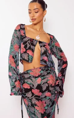 Petite Pink Floral Print Devore Button Front Crop Top