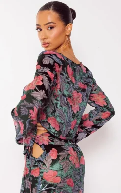 Petite Pink Floral Print Devore Button Front Crop Top