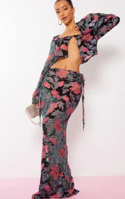 Petite Pink Floral Print Devore Button Front Crop Top