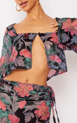 Petite Pink Floral Print Devore Button Front Crop Top