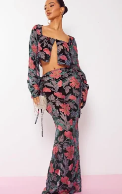 Petite Pink Floral Print Devore Maxi Skirt