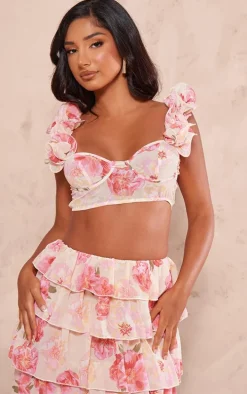 Petite Pink Floral Ruffle Crop Top