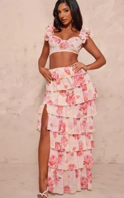 Petite Pink Floral Ruffle Crop Top