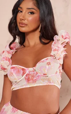 Petite Pink Floral Ruffle Crop Top