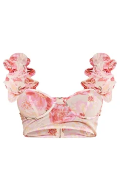 Petite Pink Floral Ruffle Crop Top