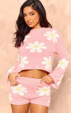 Petite Pink Knitted Flower Detail Shorts