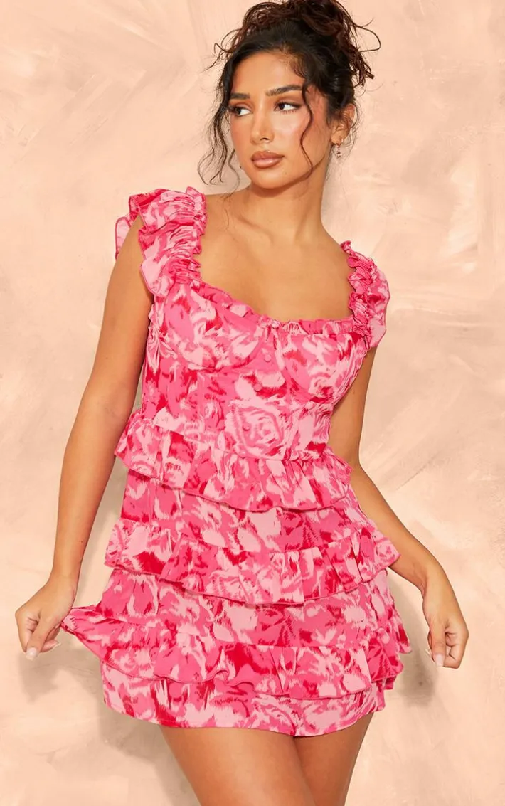 Petite Pink Print Ruffle Detail Mini Dress