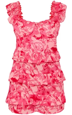 Petite Pink Print Ruffle Detail Mini Dress