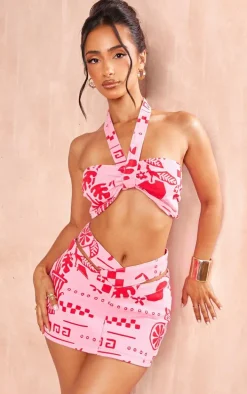 Petite Pink Printed Denim Dipped Hem Mini Skirt