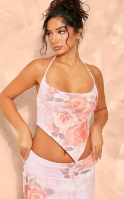 Petite Pink Printed Mesh Halterneck Crop Top