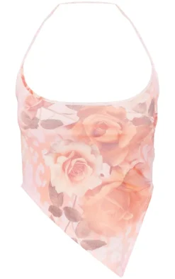 Petite Pink Printed Mesh Halterneck Crop Top